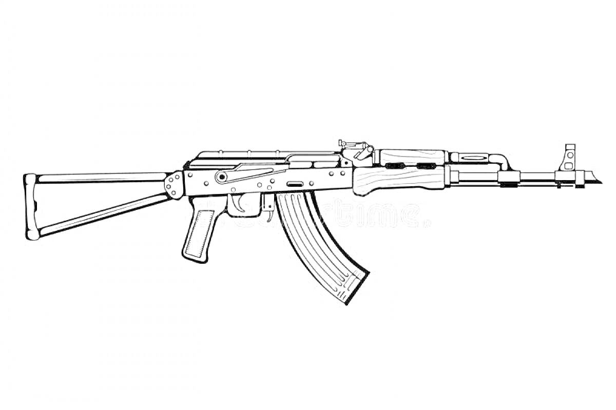 На раскраске изображено: АК-74, Автомат, Оружие, Приклад, Ствол, Магазин, Спусковой крючок
