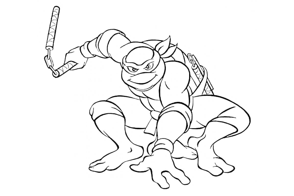 Раскраска Ниндзя с нунчаками, в боевой стойке, снаряжён защитной маской и черепаховым панцирем.
