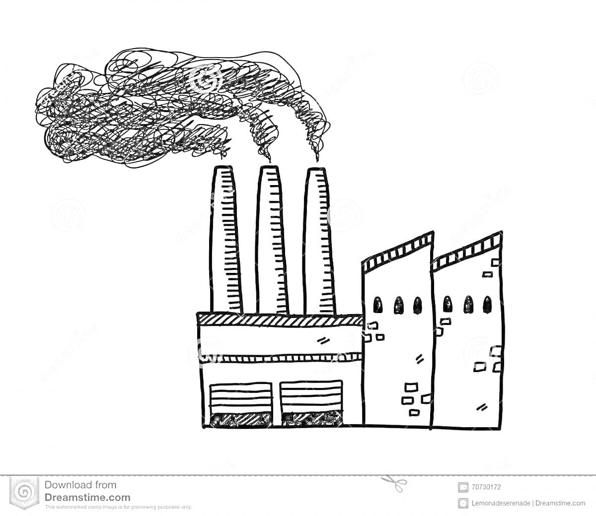 Раскраска Завод с тремя трубами, из которых идет черный дым, и двумя зданий