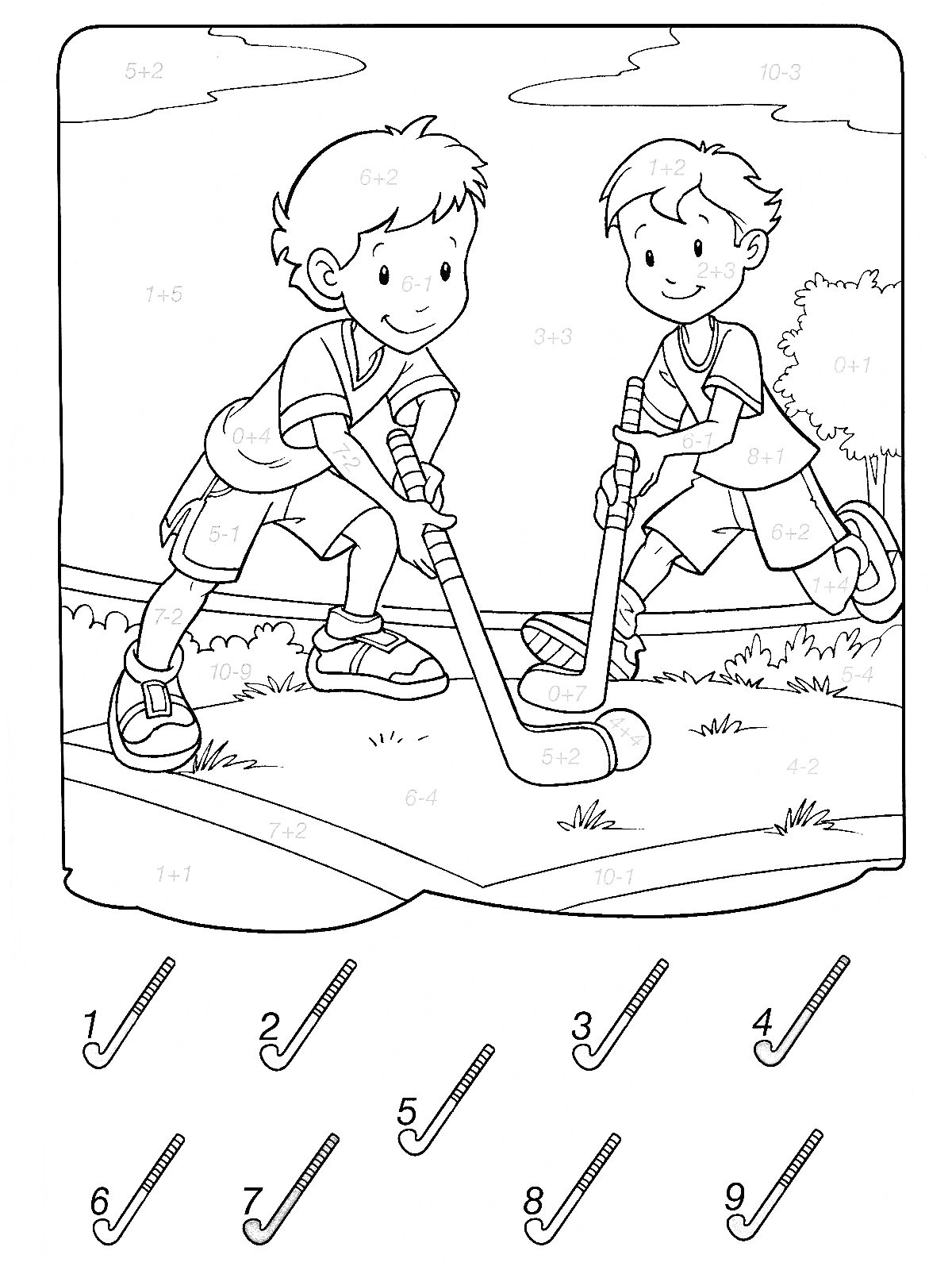 Два мальчика играют в хоккей на траве, краска по номерам
