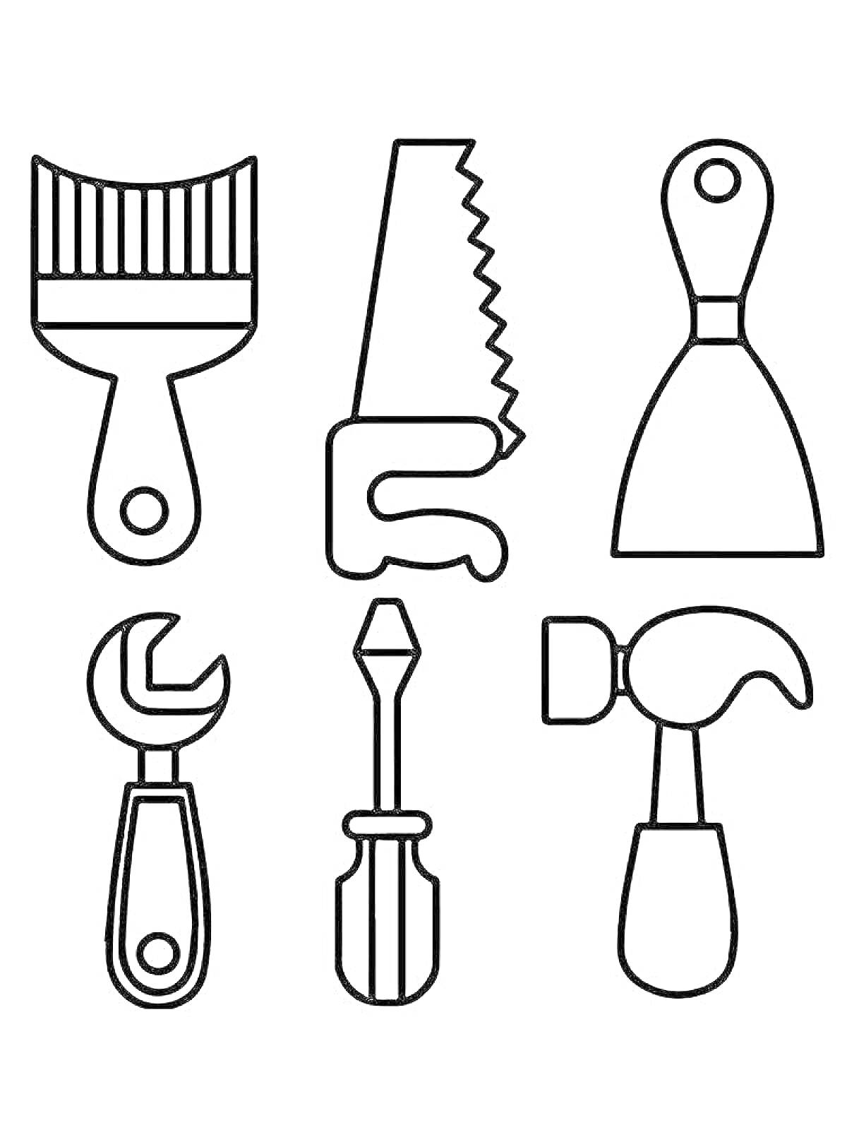 На раскраске изображено: Строительство, Пила, Гаечный ключ, Отвертка, Молоток, Ремонт, Инструмент, Кисти, Контурные рисунки