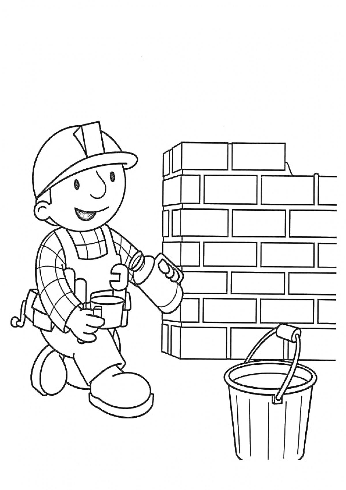 Раскраска Боб строитель кладет кирпичи и держит строительный раствор рядом с ведром