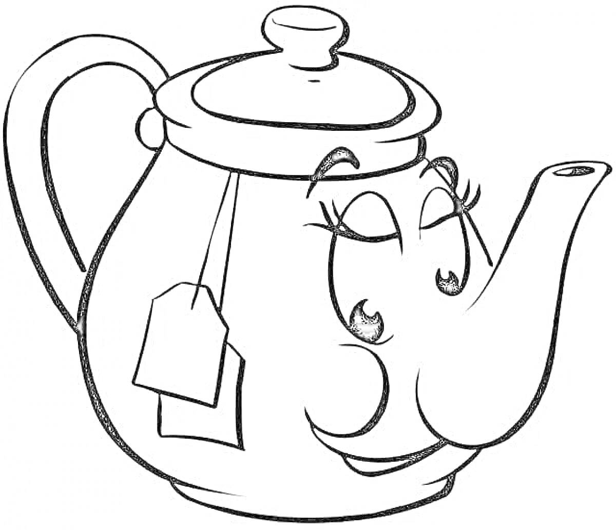 На раскраске изображено: Чайник, Смайлик, Чайный пакетик, Для детей, Кухонная утварь