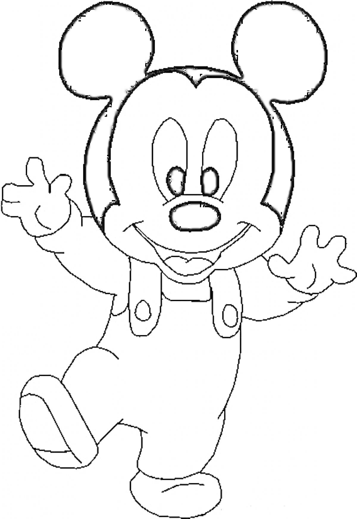 Раскраска Микки Маус в комбинезоне, машет руками и стоит на одной ноге