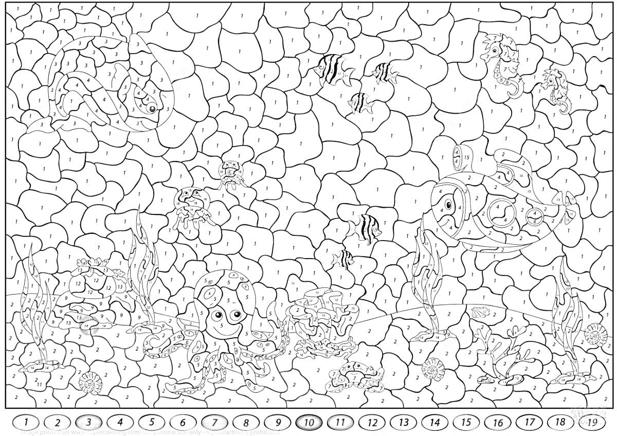Раскраска Подводный мир с подводными обитателями, домиками, аквалангистами и сокровищами