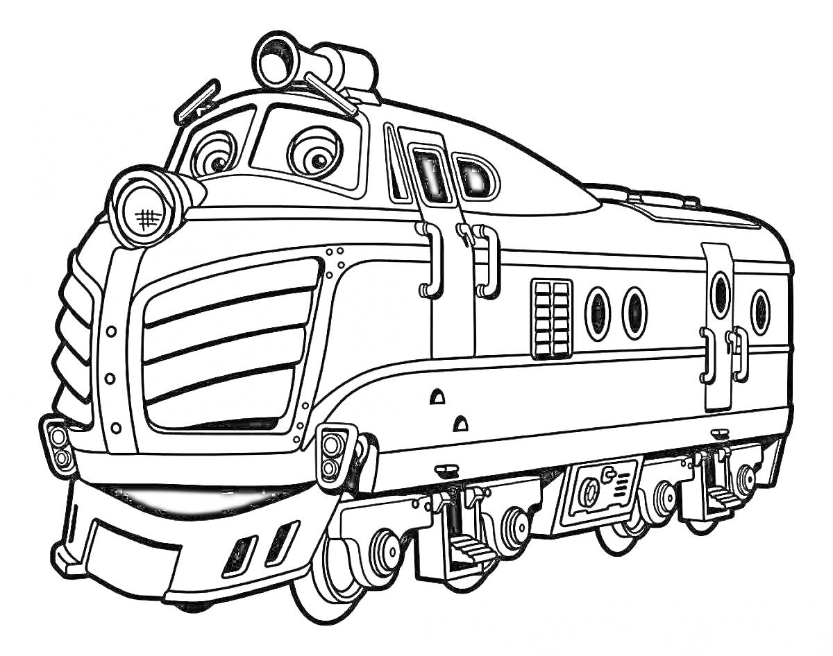 Раскраска мультяшный поезд с лицом и большими глазами, локомотив