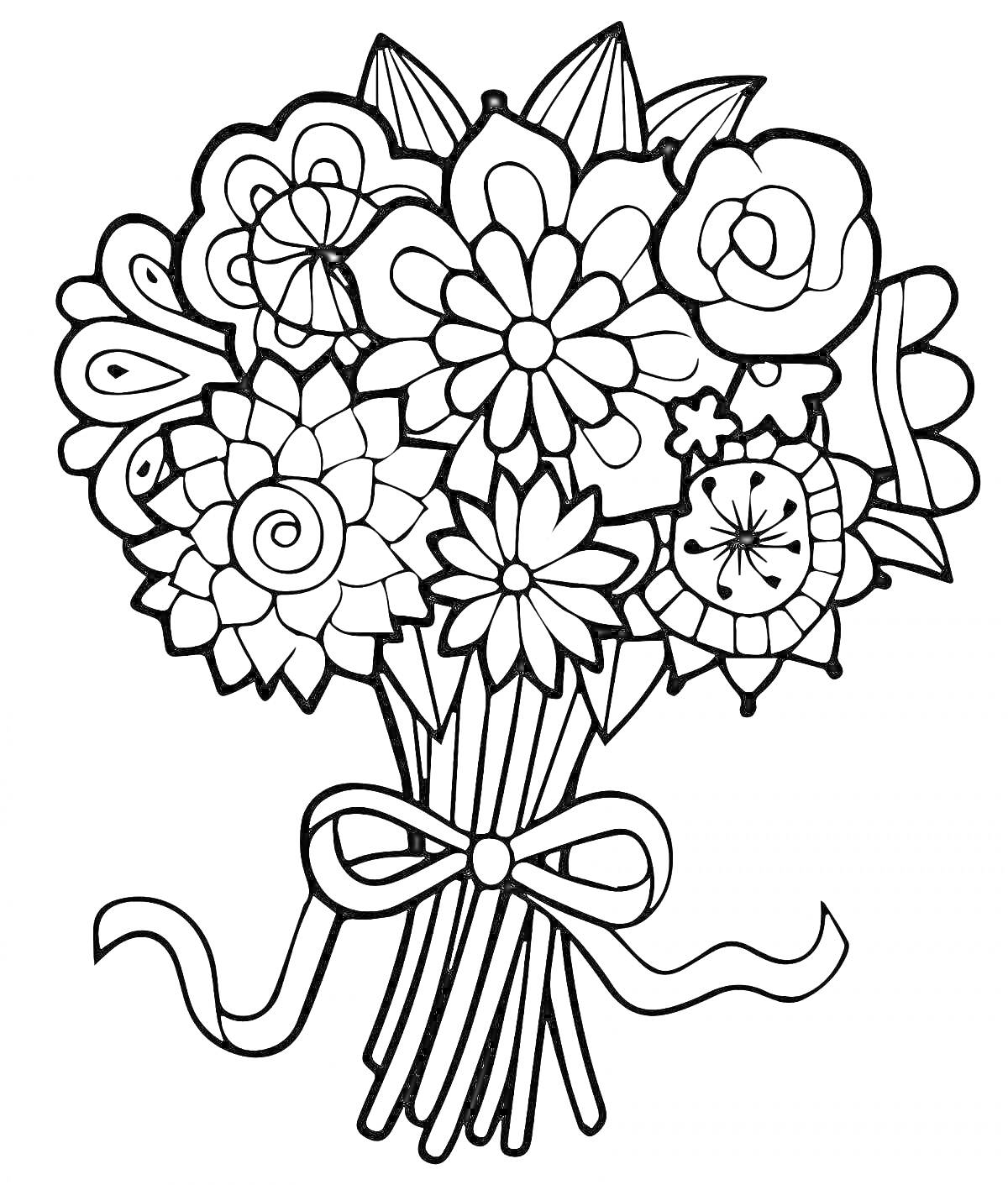 На раскраске изображено: Цветы, Ромашка, Листья, Бабочка, Бант, Розы, Букет цветов, Контурные рисунки