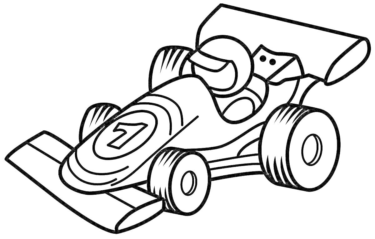 Раскраска Гоночный автомобиль с номером 7 и водителем в шлеме