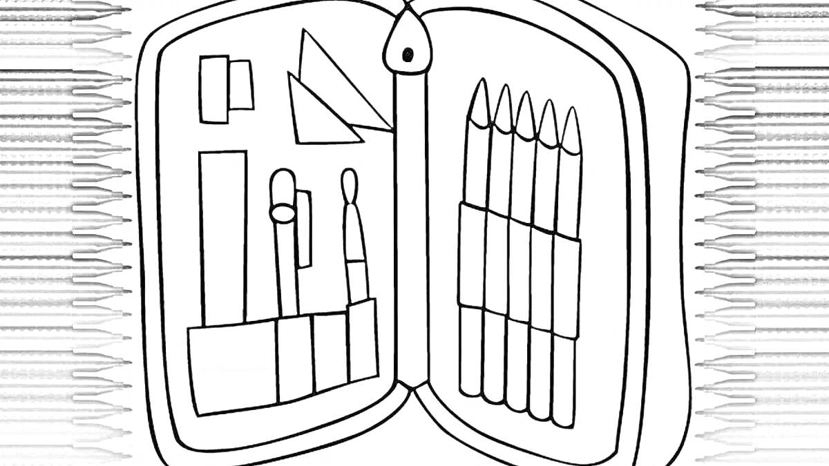 На раскраске изображено: Карандаши, Линейка, Ножницы, Ручка, Циркуль, Школьные принадлежности