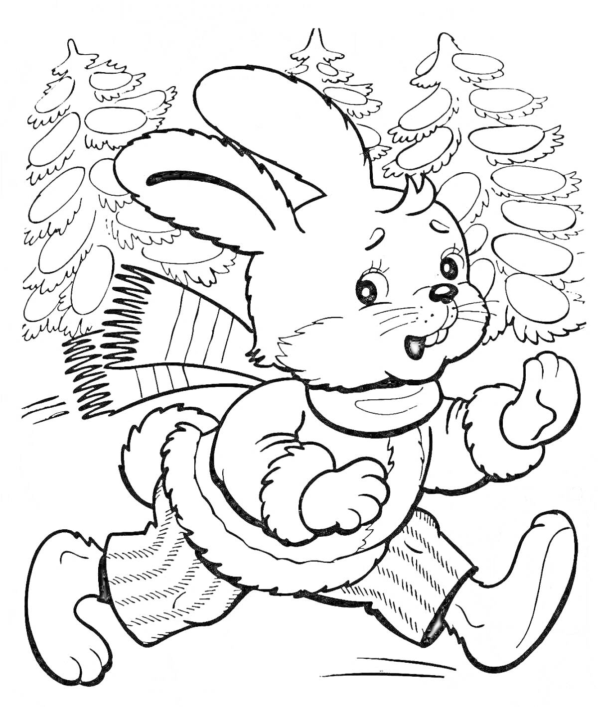 Раскраска Бегущий заяц в курточке и шарфе на фоне деревьев