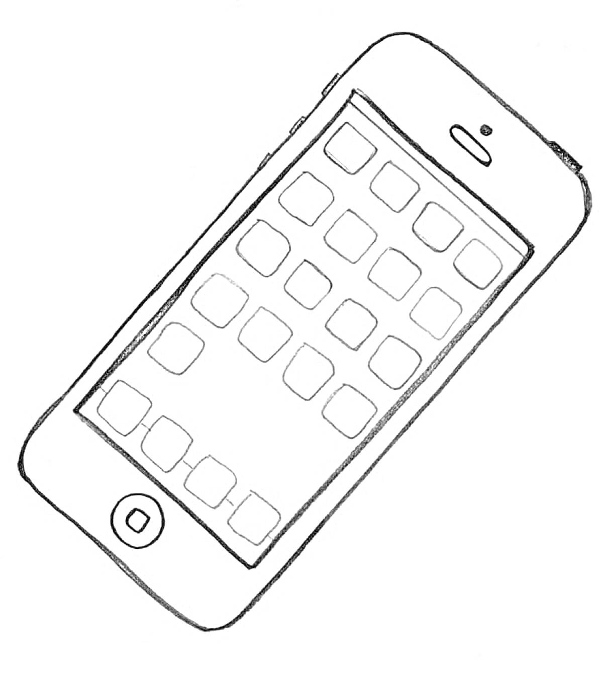 Смартфон с экранами приложений и кнопкой 