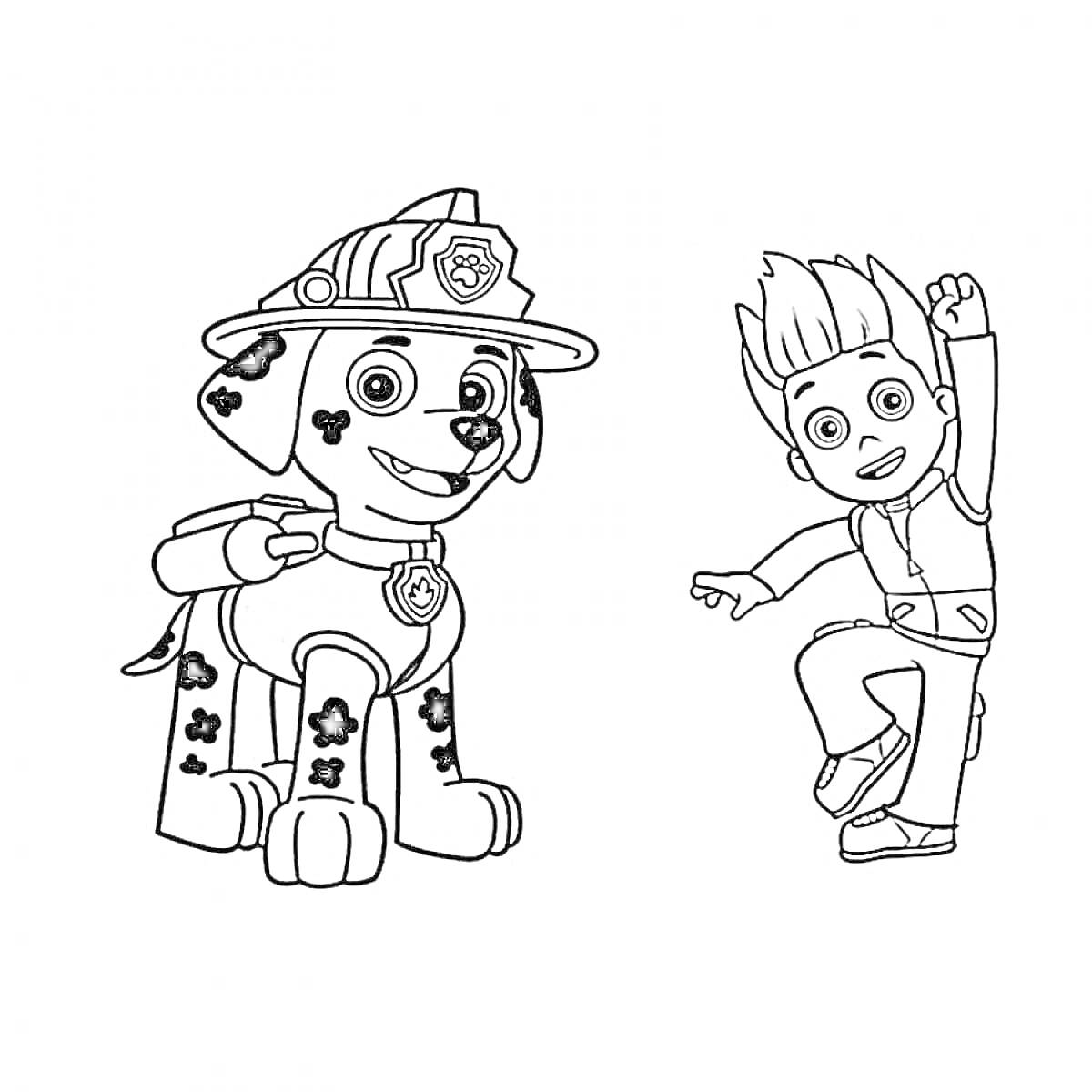 Раскраска Щенячий патруль с далматинцем в шлеме пожарного и мальчиком