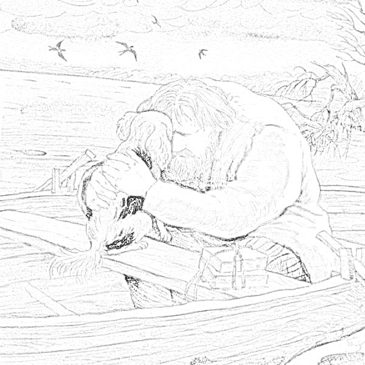 Раскраска Мужчина с собакой Муму в лодке на берегу озера