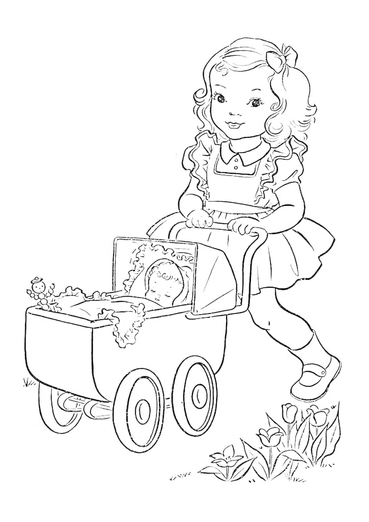 На раскраске изображено: Девочка, Коляска, Цветы, Трава, Кукла, Игра