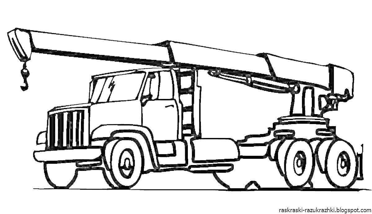 На раскраске изображено: Кран, Строительная техника, Подъемный кран, Для детей, Транспорт, Конструкция, Колёса, Стержень, Крюк