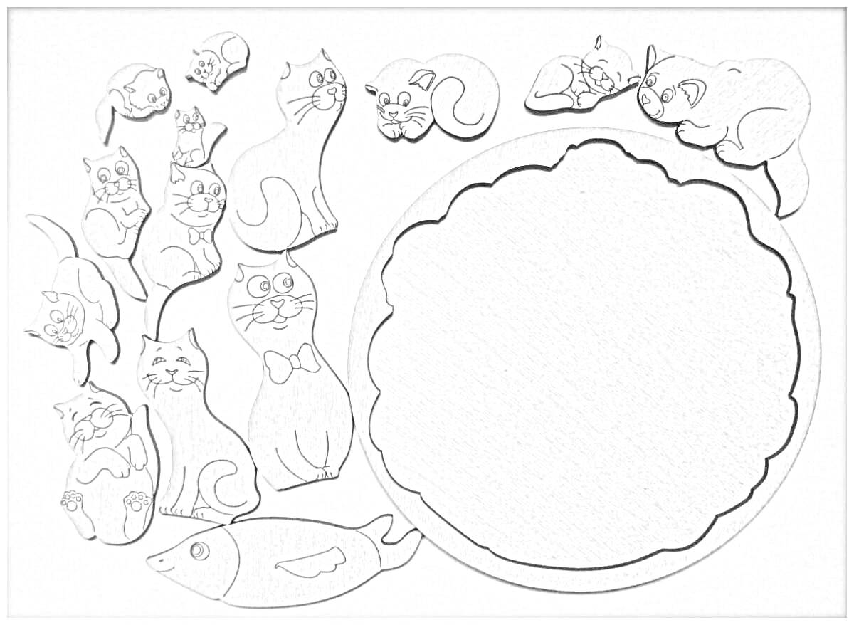 Раскраска Набор деревянных фигурок: разные коты и круглая подставка