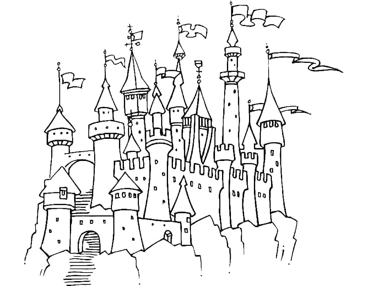 На раскраске изображено: Замок, Башни, Ворота, Крепость, Стена, Флаг, Скалы, Средневековье