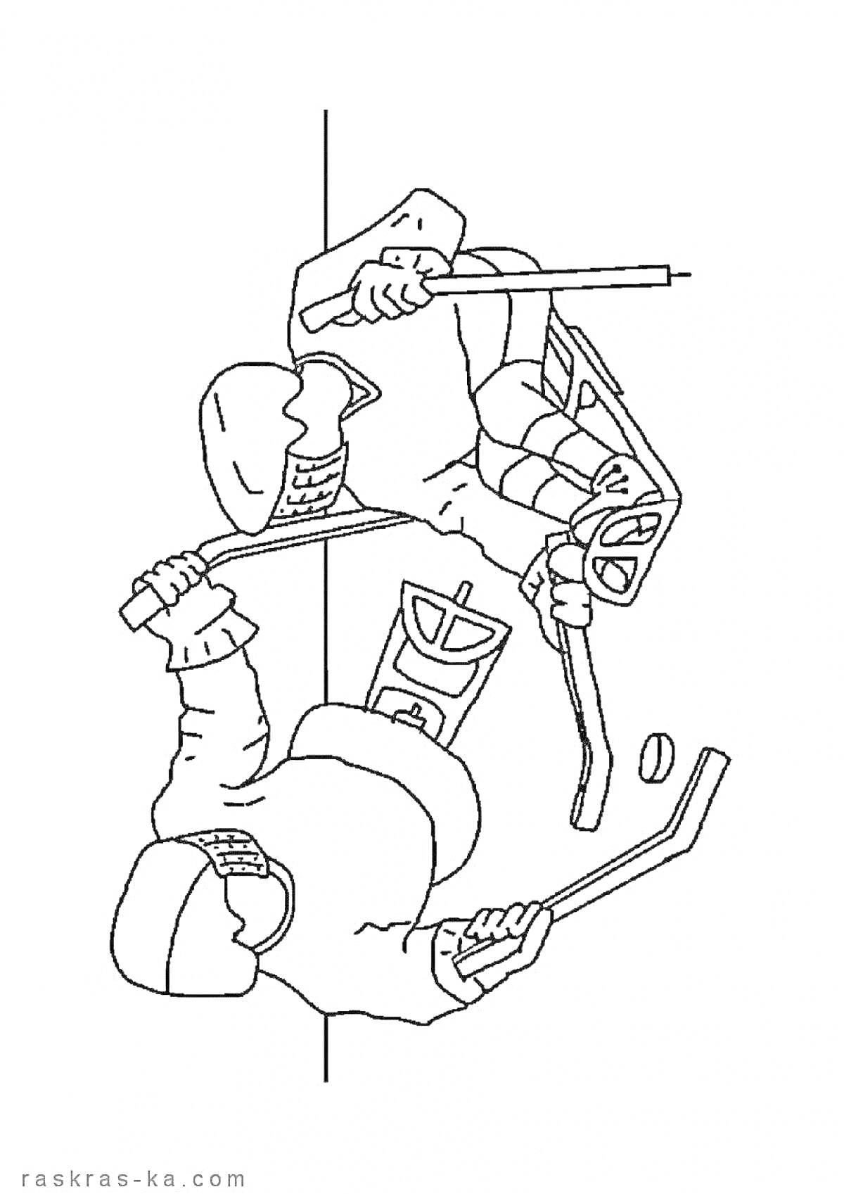 Раскраска Хоккеисты с клюшками и шайбой