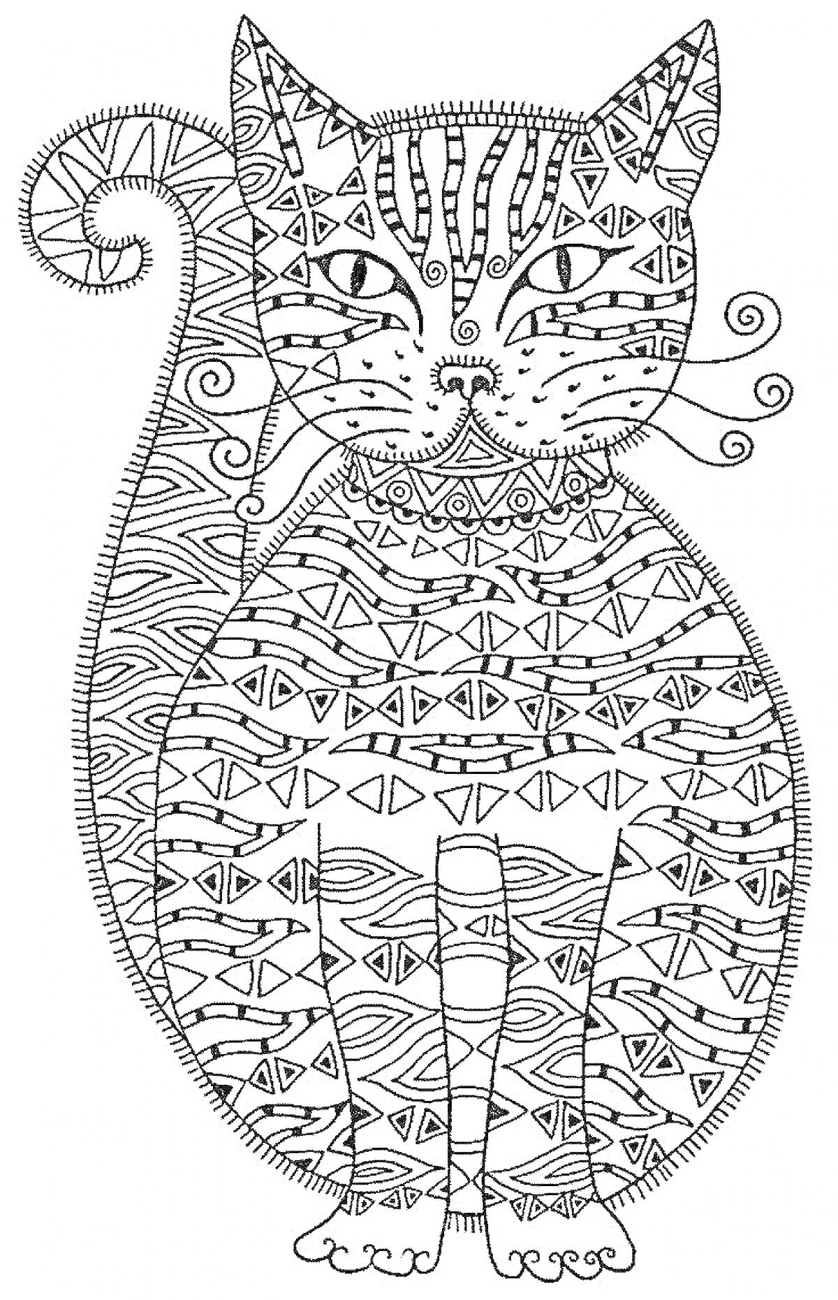 Раскраска Кошка антистресс с узором в виде геометрических фигур и линий