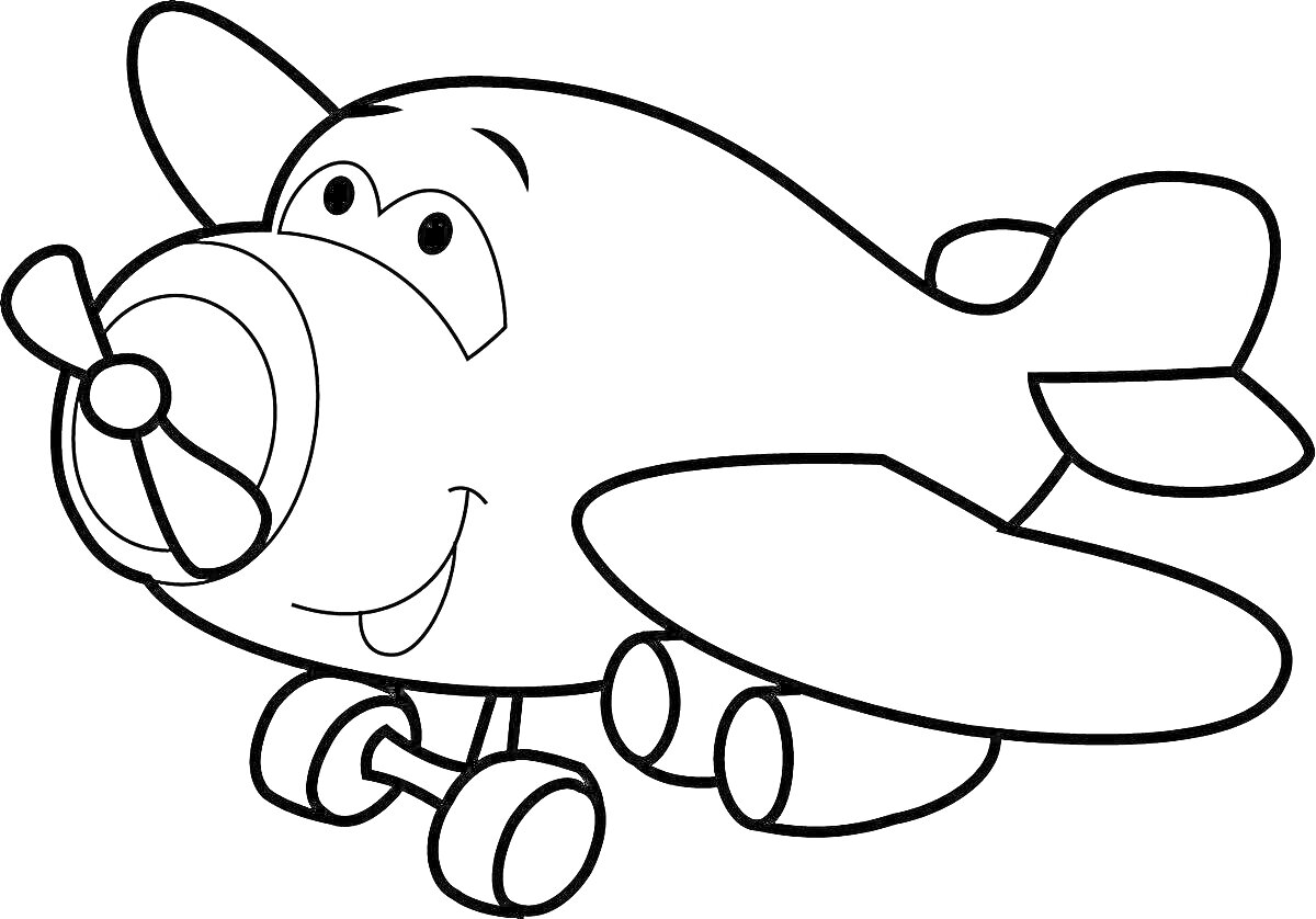 Мультяшный самолет с улыбающимся лицом, передним пропеллером и шасси
