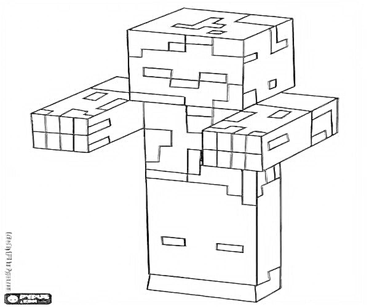 Раскраска Раскраска с големом из Майнкрафта, стоящий прямо с поднятыми руками