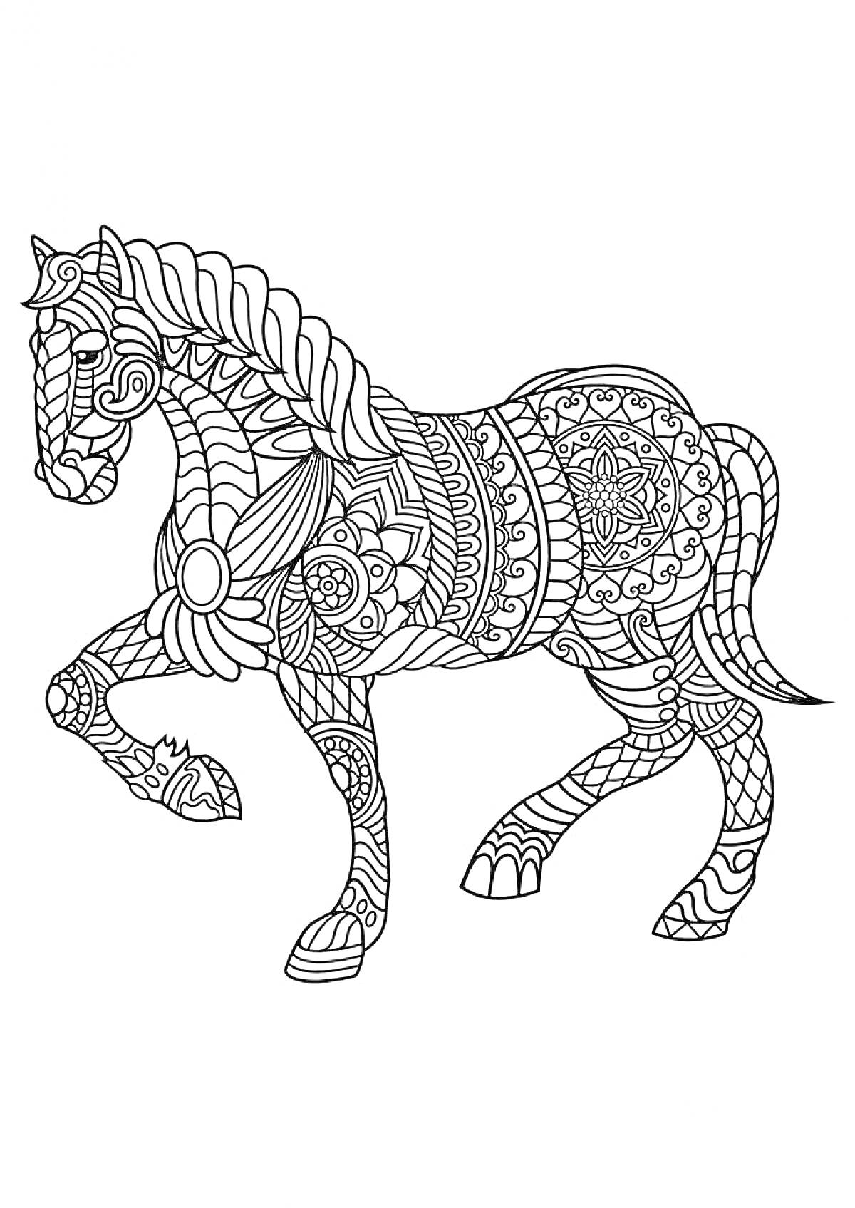 Раскраска Антистресс лошадь с орнаментом из цветов и узоров