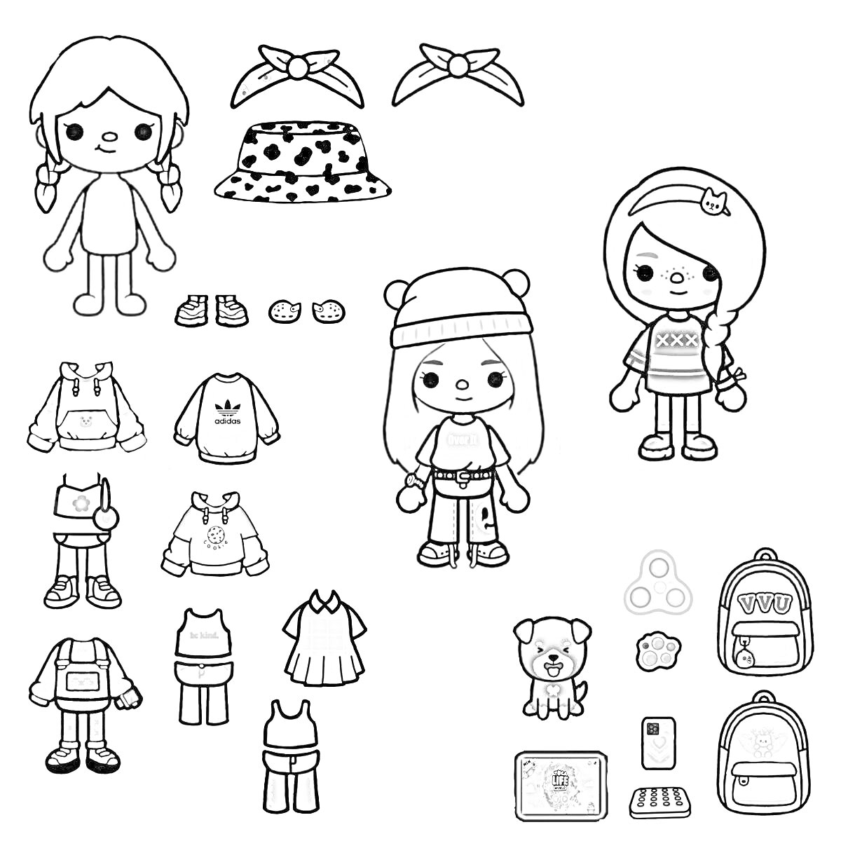 Раскраска Куклы Тока Бока с набором одежды и аксессуаров, включая свитера, брюки, юбки, шорты, шапки, повязки на голову, обувь, рюкзаки, мобильное устройство, игрушку-медвежонка и поп-ит.
