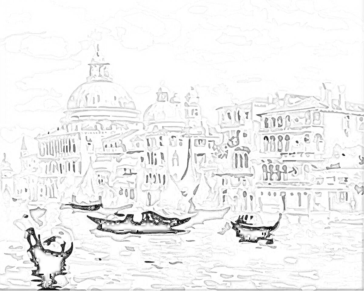 На раскраске изображено: Венеция, Купола, Гондолы, Исторические здания, Канал, Живопись, Холст