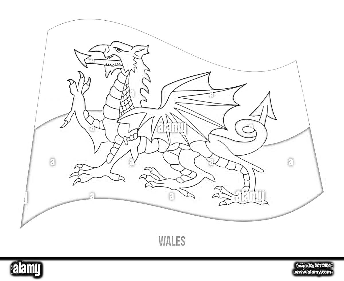 Раскраска Раскраска флага Уэльса с изображением дракона на волнистом фоне