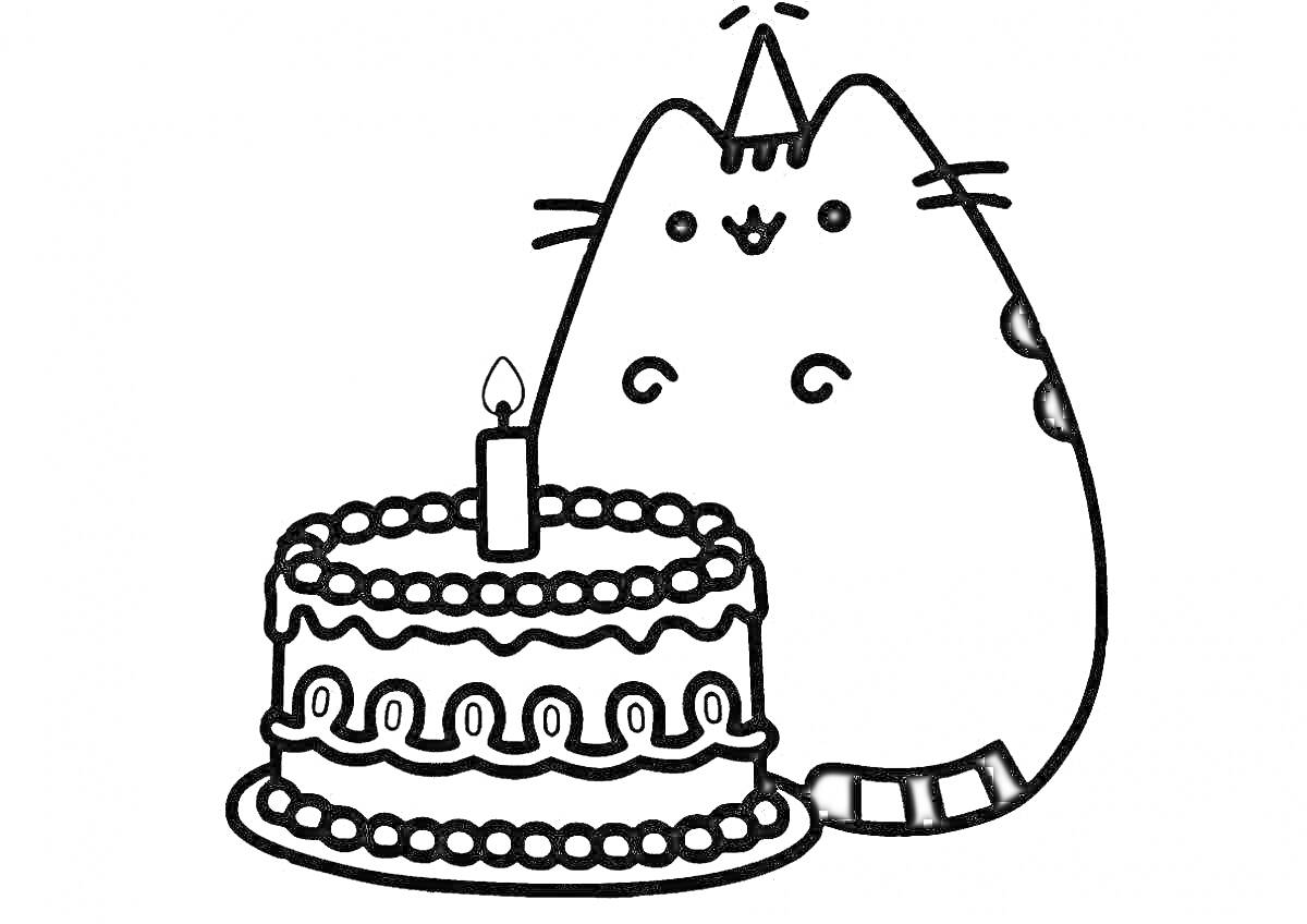 Кот Пушин в праздничной шапочке с тортом и свечой