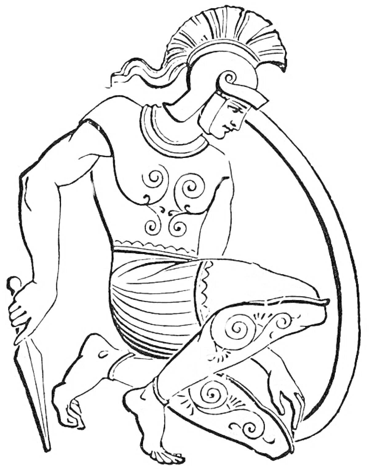 На раскраске изображено: Древняя Греция, Воин, Меч, Щит, Узоры, Одежда