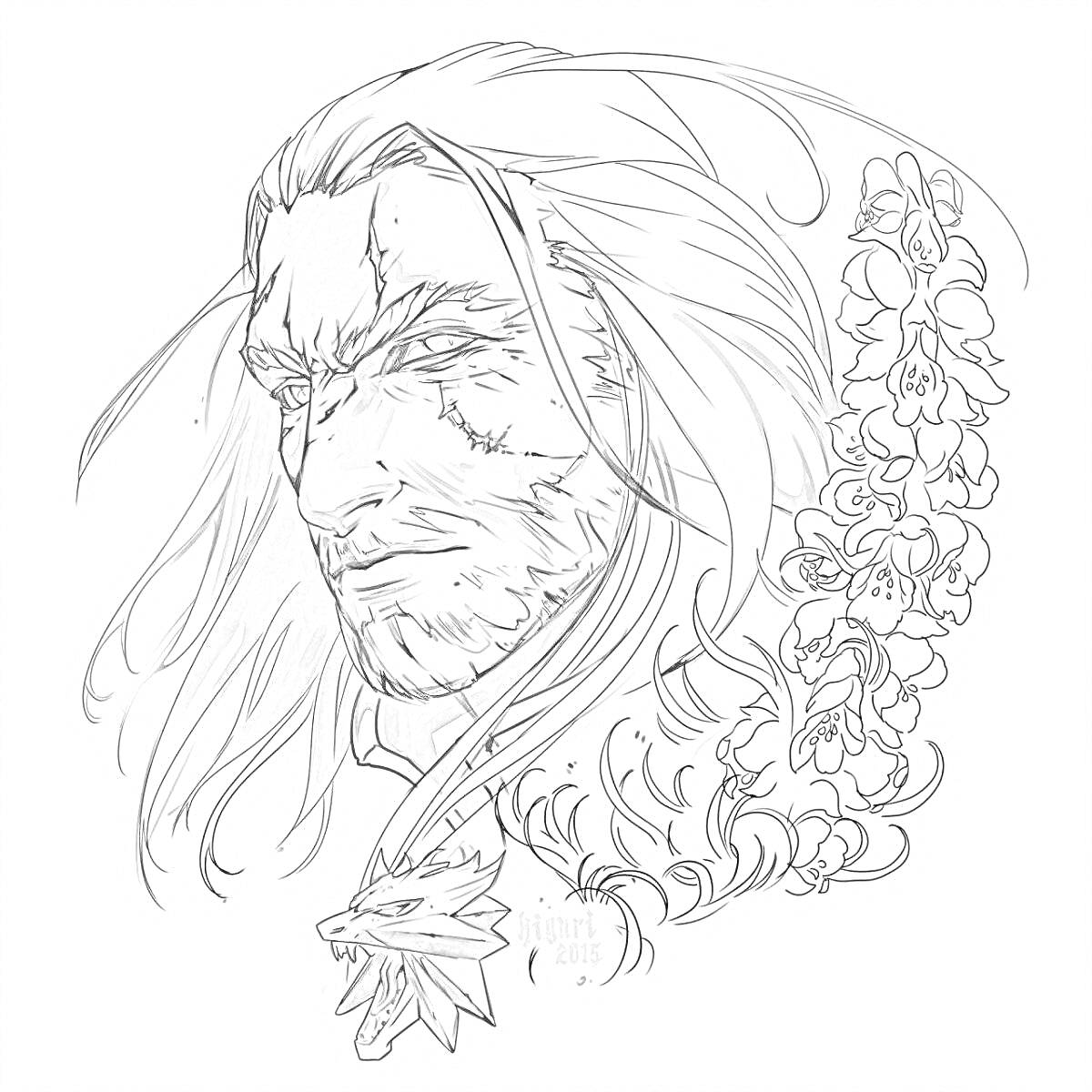 Раскраска Портрет ведьмака с длинными волосами, шрамом на лице и медальоном в виде головы волка, цветы