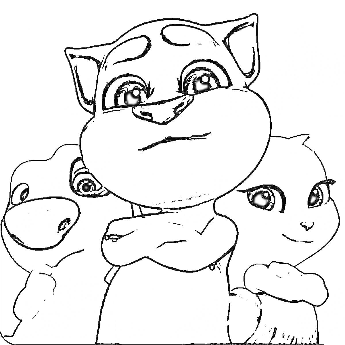 Три мультяшных персонажа: центральный с языком, левый с одним видимым глазом, правый с милой улыбкой