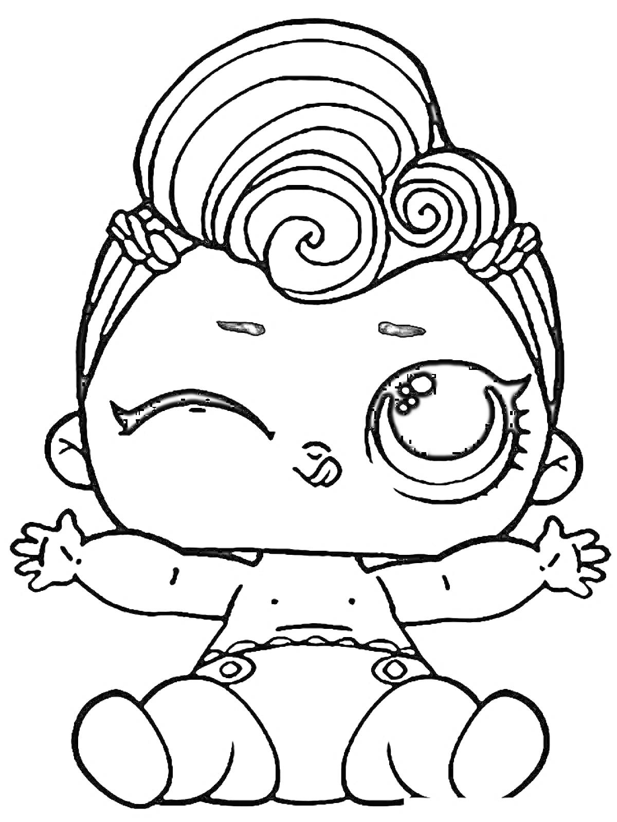 Раскраска Малыш с прической в форме завитков, моргающий одним глазом, сидящий в подгузниках