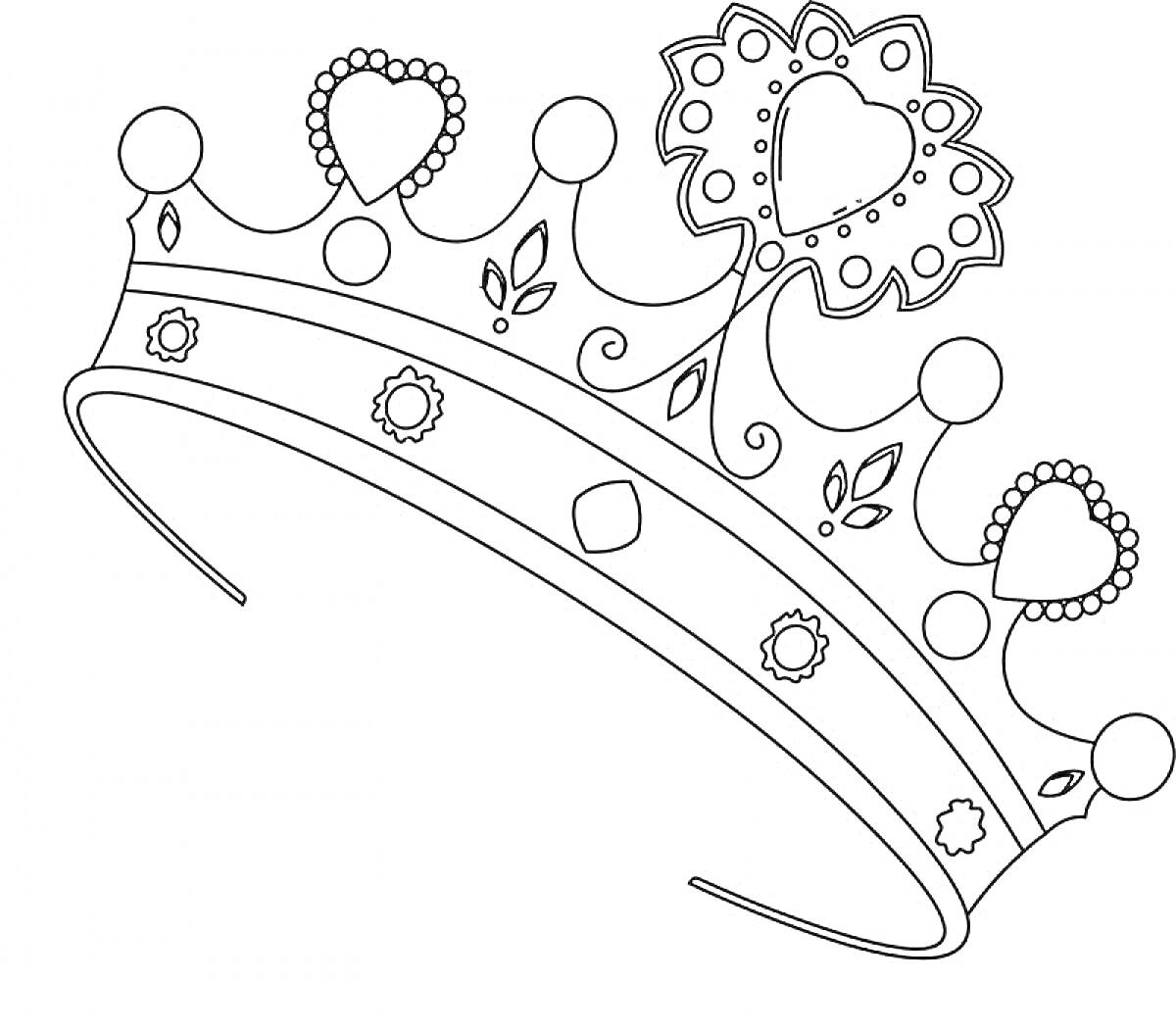 Раскраска Корона с сердцами, завитками и украшениями