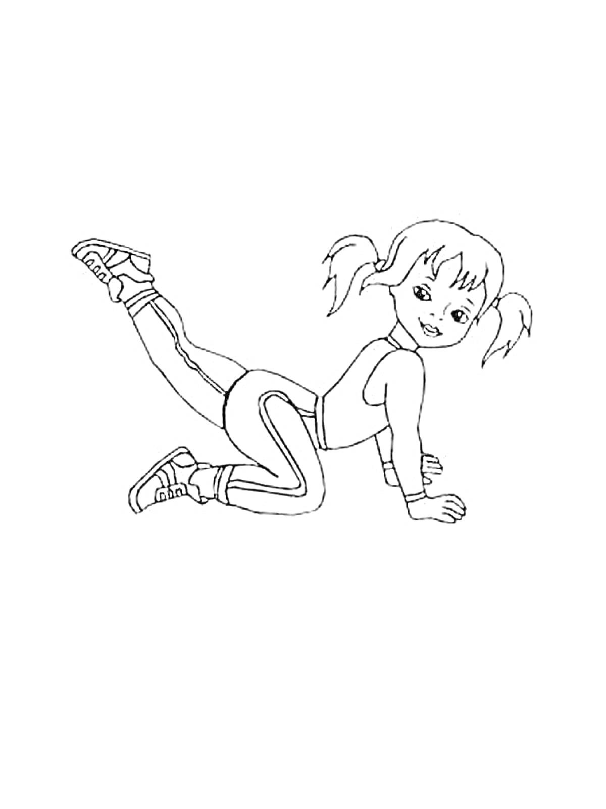 Раскраска Девочка на коленях делает упражнение, поднимая одну ногу назад.