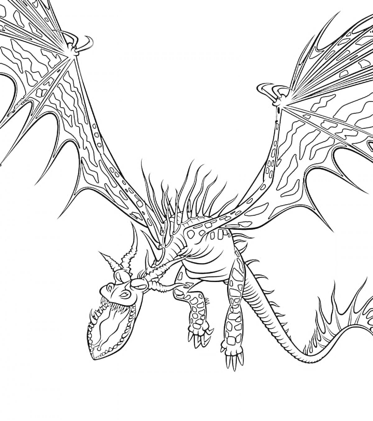 Раскраска Летящий дракон с большими крыльями и острыми зубами