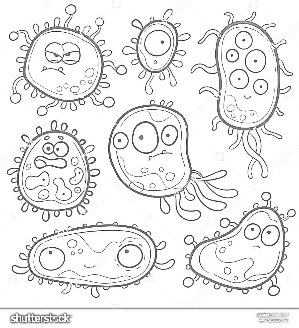 Раскраска Несколько типов мультяшных микробов с разными формами и выражениями лиц