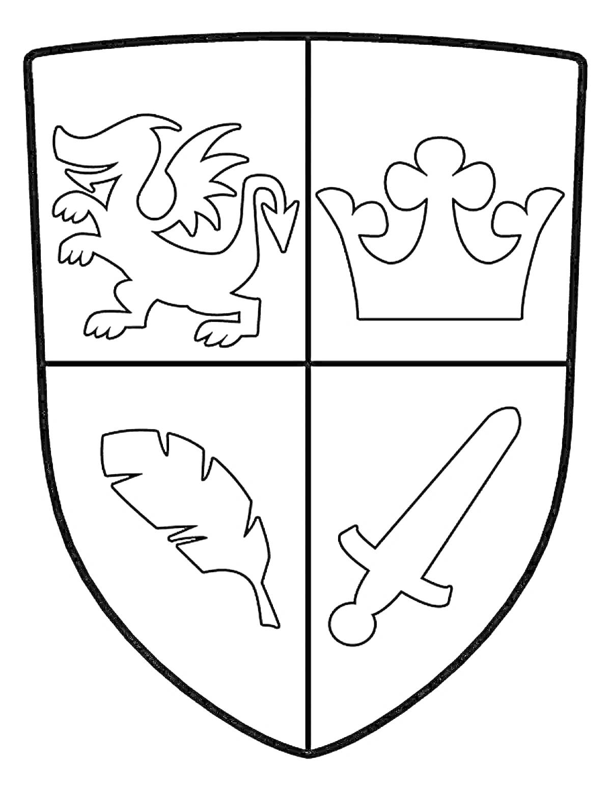 Раскраска Герб с драконом, короной, пером и мечом