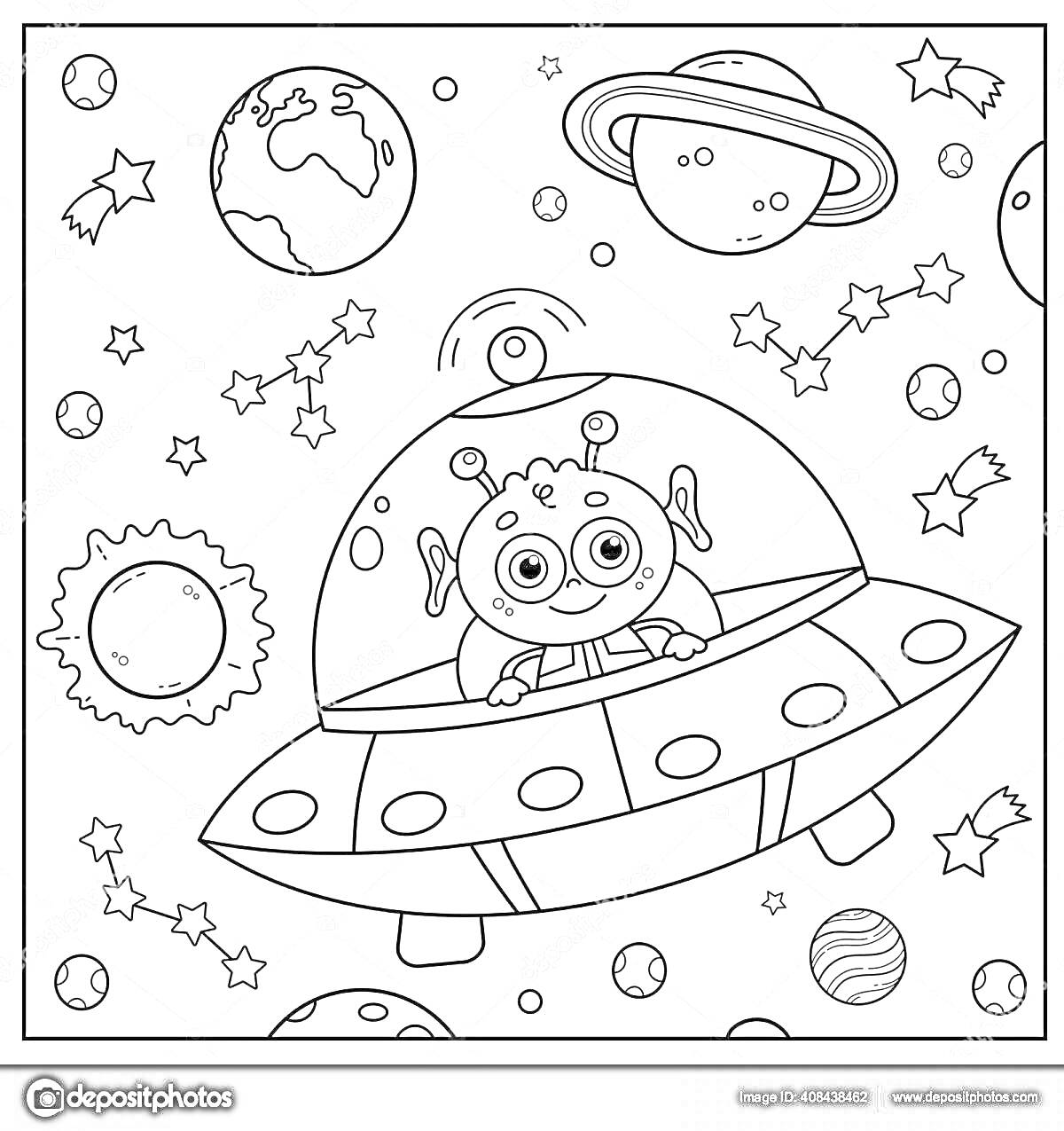 На раскраске изображено: Космос, Звезды, Планеты, Астрономия, Солнечная система