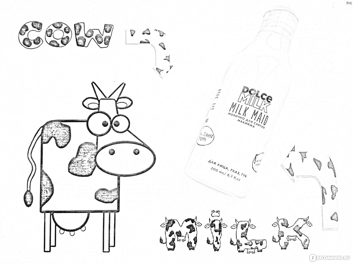 Раскраска Шампунь Dolce Milk с изображением коровы, надписями 