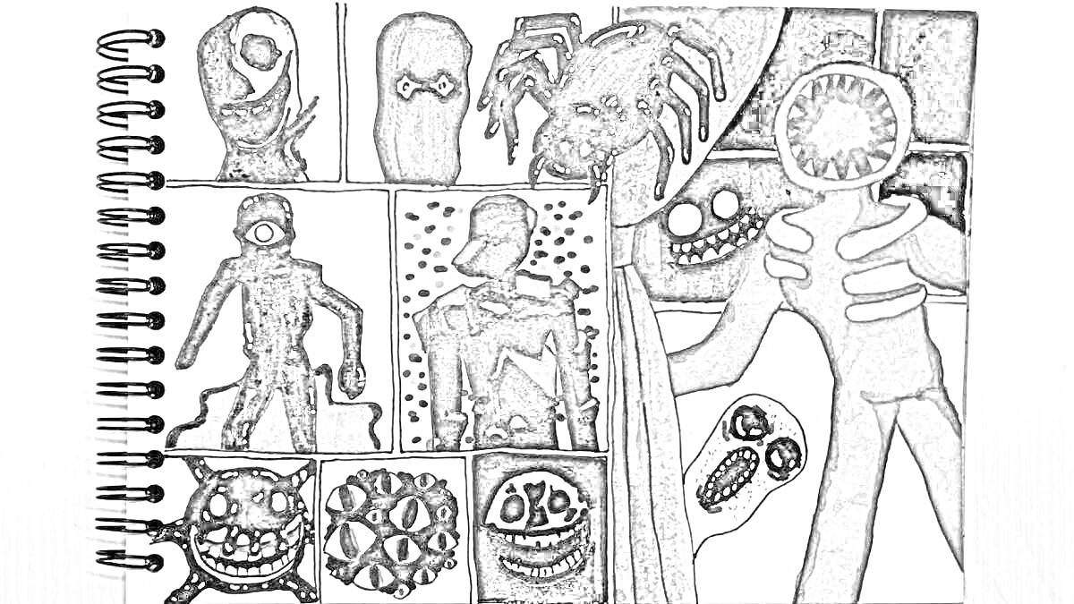 Раскраска Раскраска с персонажами из игры Roblox Doors на спиральном блокноте, включая монстров, человекоподобных фигур и большой черно-синий паук, стоящих вокруг синей занавески
