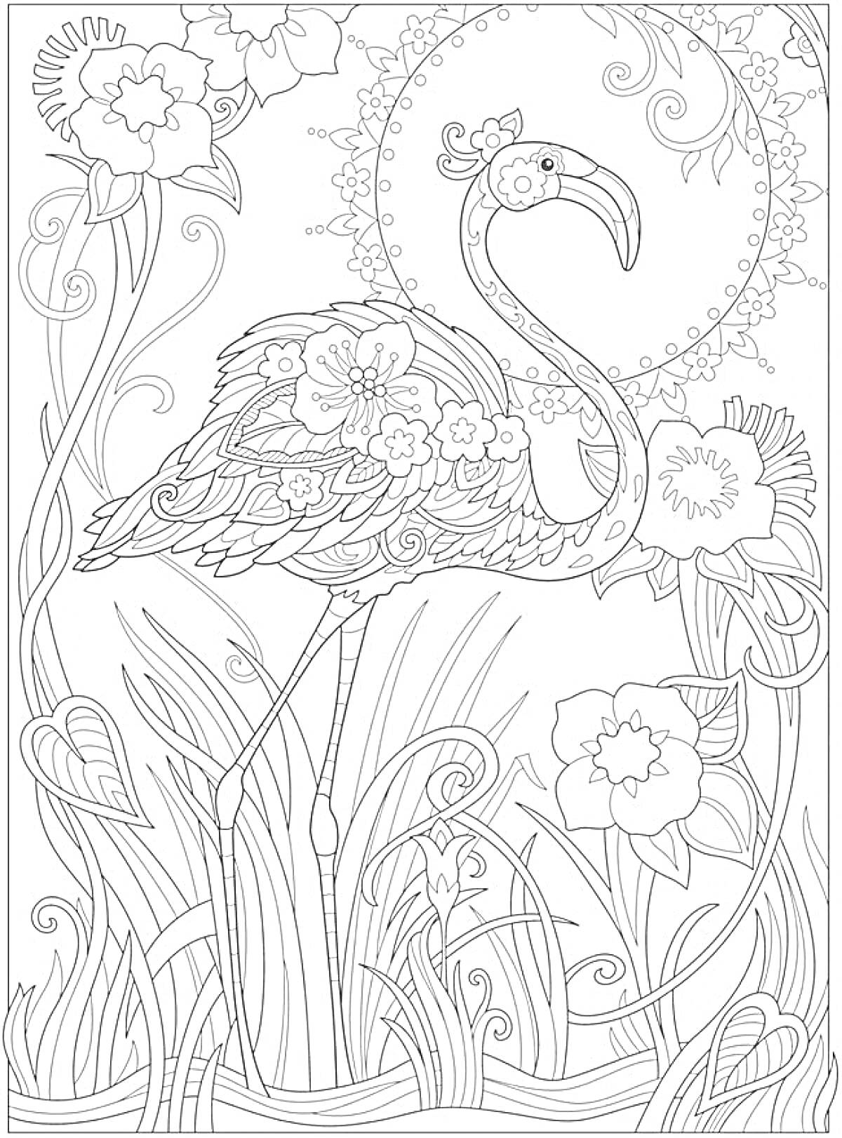Фламинго в окружении цветочных узоров и водных растений