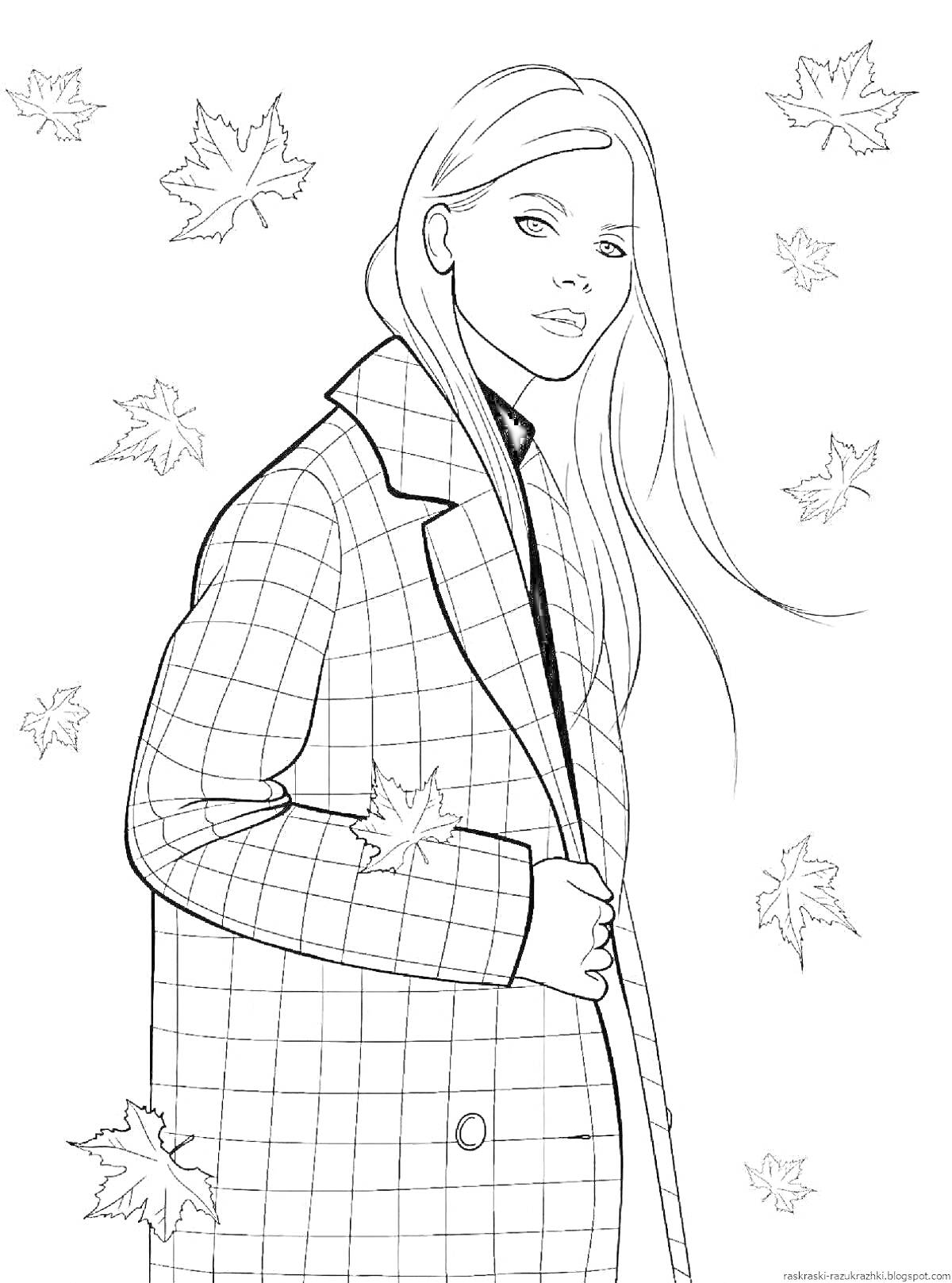 На раскраске изображено: Подростки, Пальто, Осень, Листья, Мода