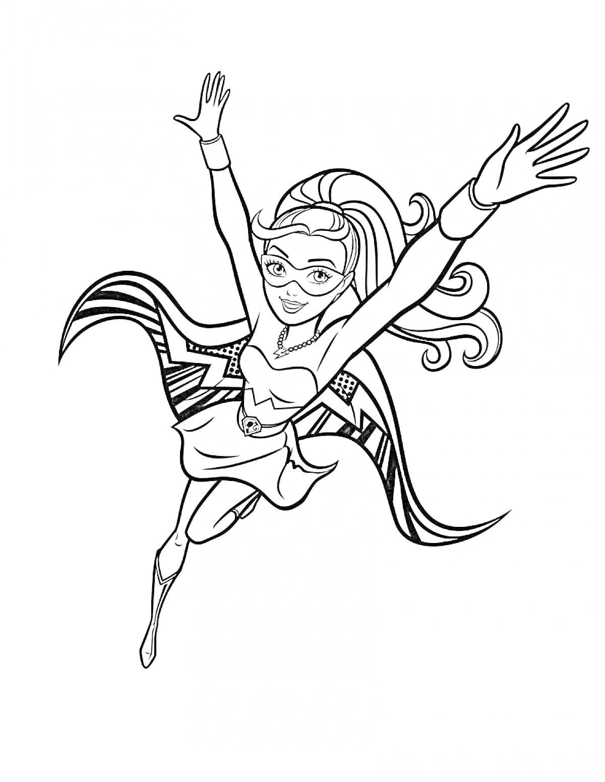 Барби Супер Принцесса в воздухе с распахнутыми руками, плащом и маской на лице