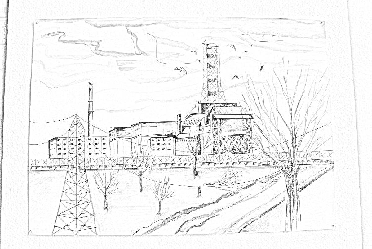 Чернобыльская АЭС, разрушенный реактор, вышки электропередач, деревья без листвы, птицы в небе