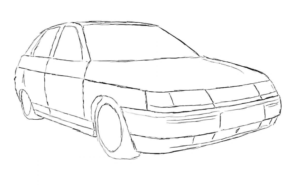 Раскраска Чёрно-белая раскраска автомобиля Лада Приора с видом спереди-сбоку