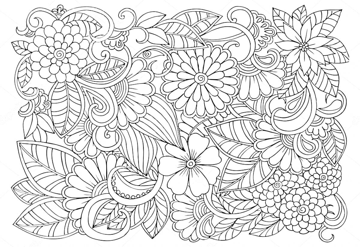 Раскраска Цветочный узор с большими и маленькими цветами и завитками