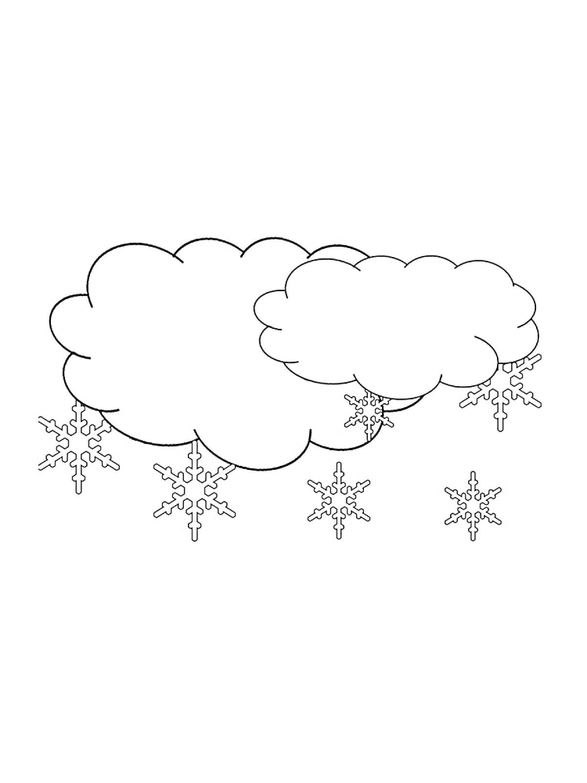 На раскраске изображено: Облака, Снежинки, Небо, Зима, Погода, Осадки, Природа