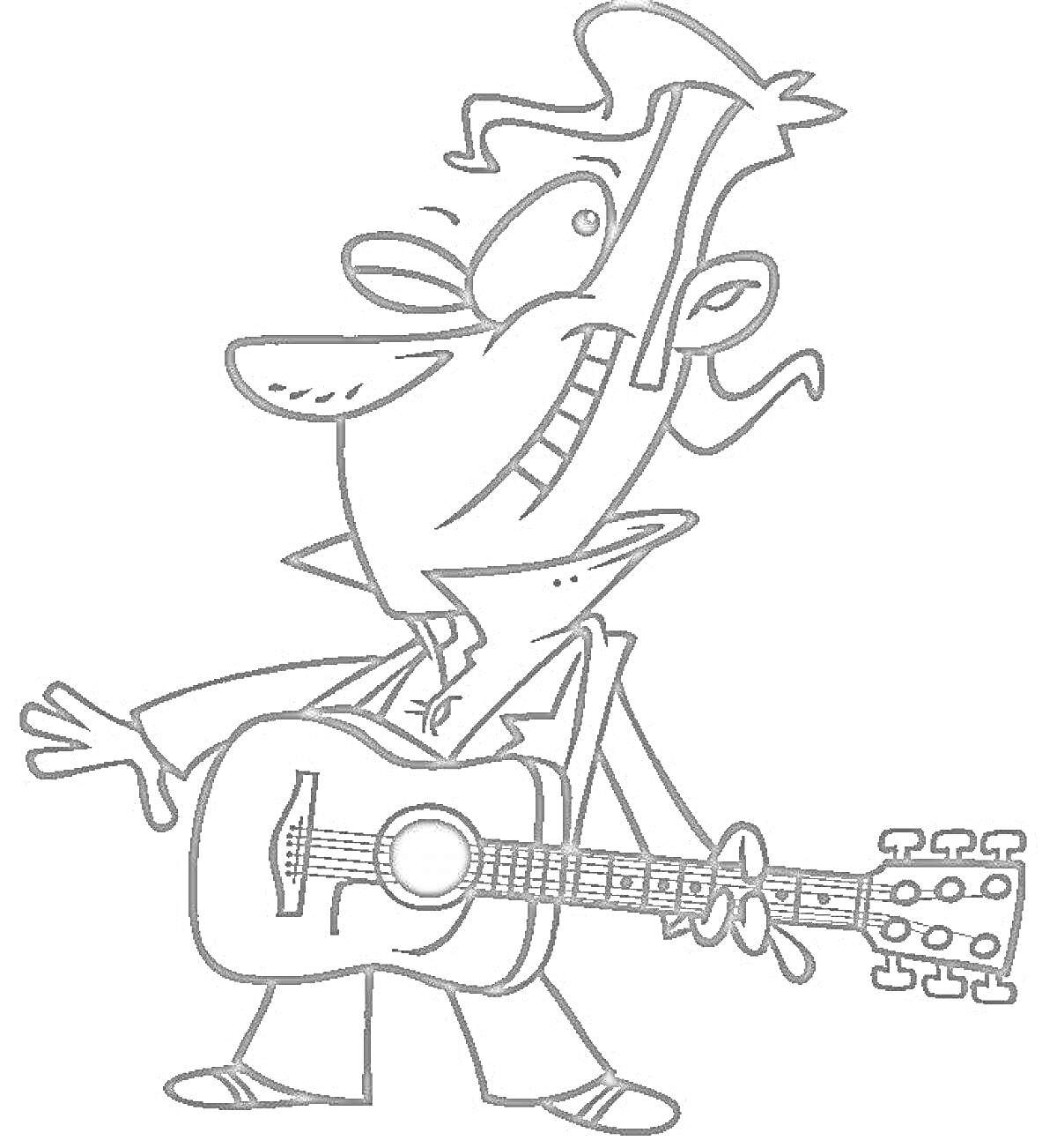 На раскраске изображено: Гитара, Человек, Музыка, Инструмент, Пение, Комиксы, Поднятые руки